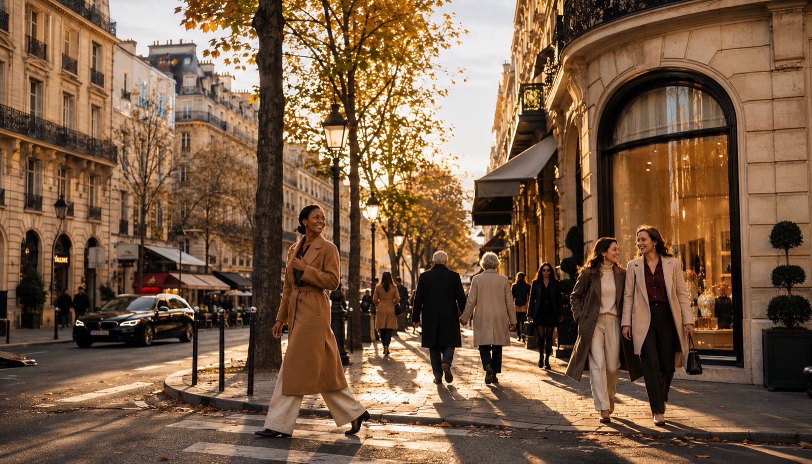 Parisian boutique window at dusk reflecting autumnal palette with oxblood and ochre tones, editorial photography