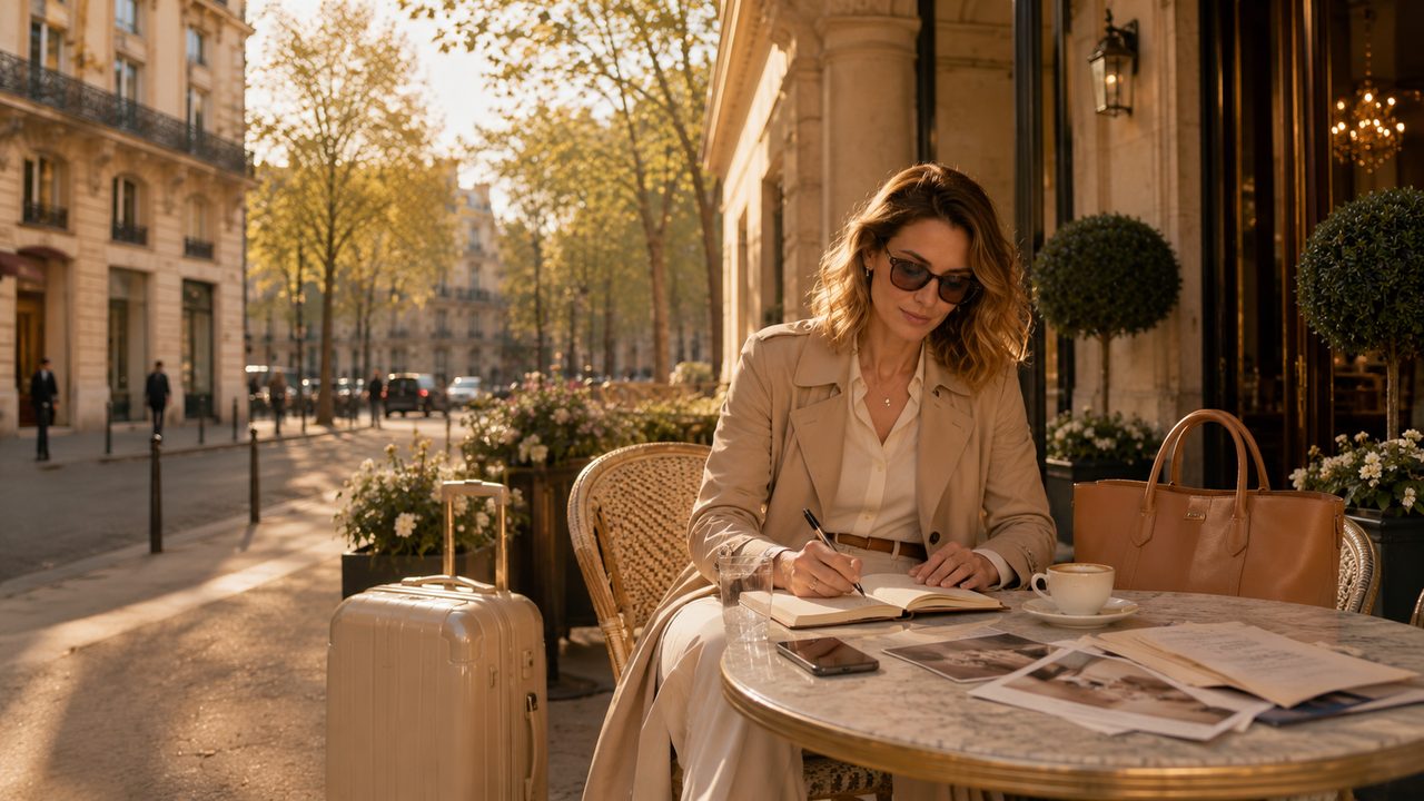 Warm golden-hour Paris cafe terrace with a woman writing notes beside a tan tote bag, evoking a calm mid-year review of the Hermes journey