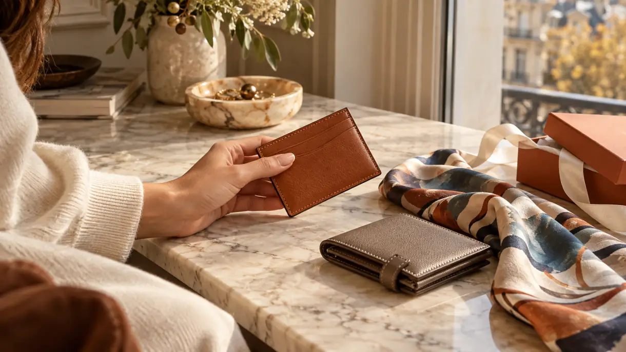 A hand holds a tan leather card holder over a marble table beside a taupe wallet, a printed silk scarf and an orange gift box