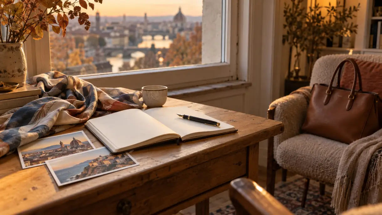 An open notebook and fountain pen on a wooden desk by a window at sunset, with a silk scarf, postcards and a leather tote on a chair