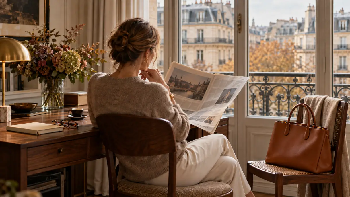 A woman reads a newspaper by a tall Paris window, a cognac leather tote resting on the chair beside her