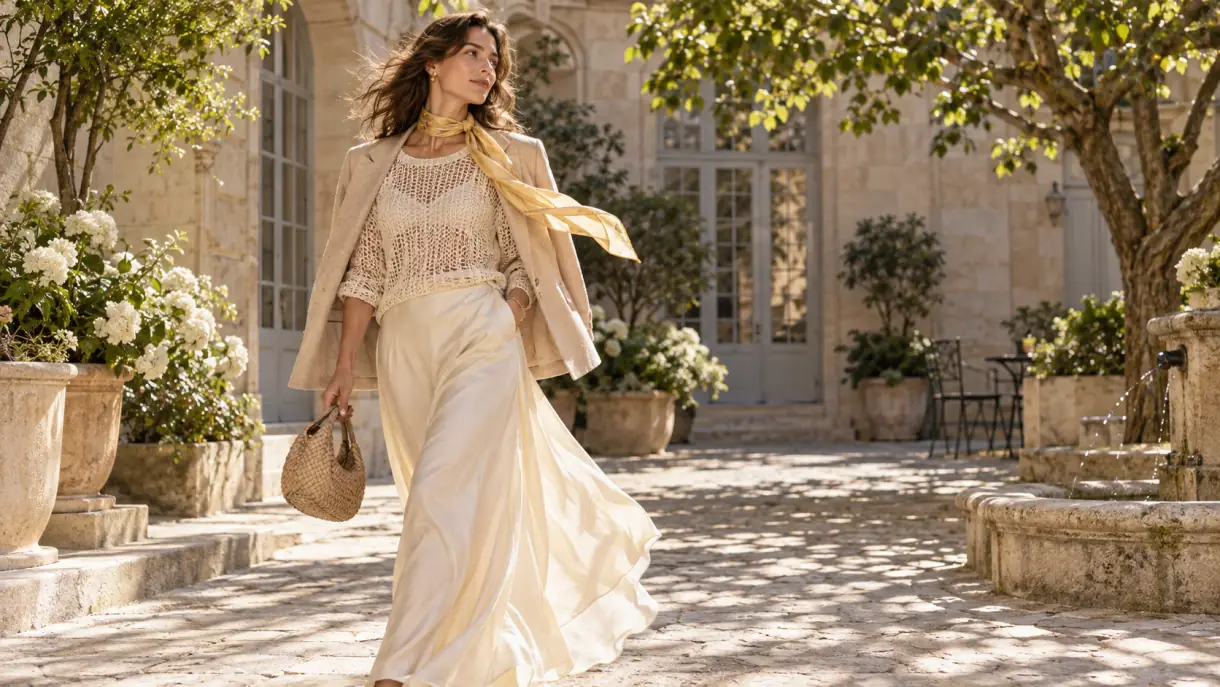 A woman in a flowing cream silk skirt and open-knit top walks through a sunlit stone courtyard, a small woven leather bag in hand