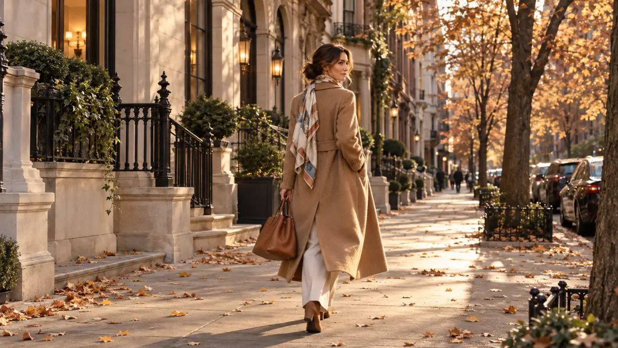 A woman in a camel coat and silk scarf walks down a tree-lined New York street in autumn, a brown leather tote in hand