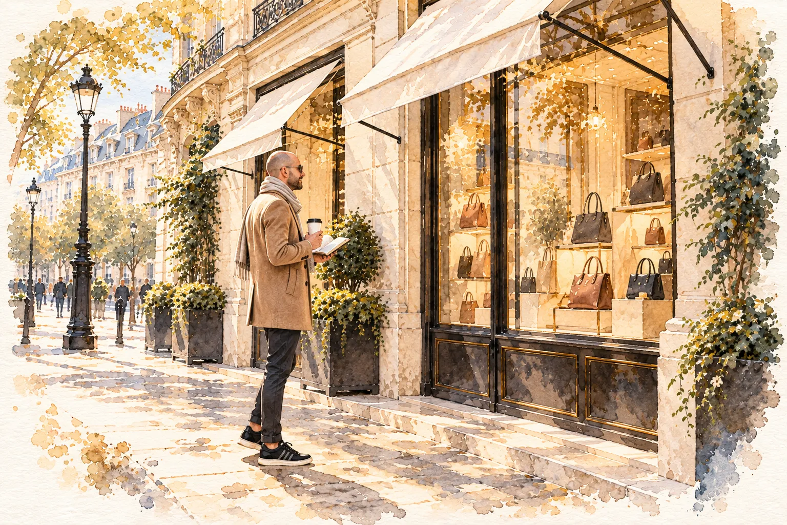 Watercolor of a man in a camel coat smiling at a Paris boutique window, a coffee and a notebook in hand