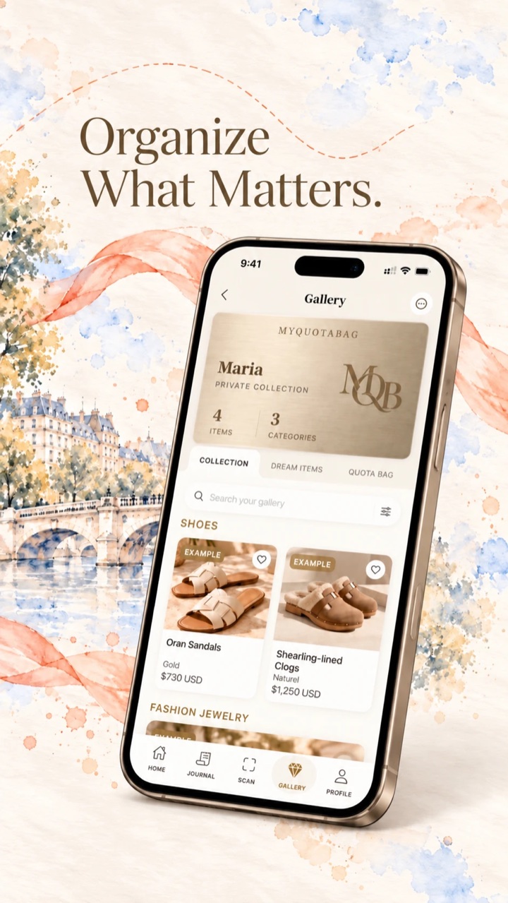 MyQuotaBag Gallery showing the Collection tab and saved pieces.