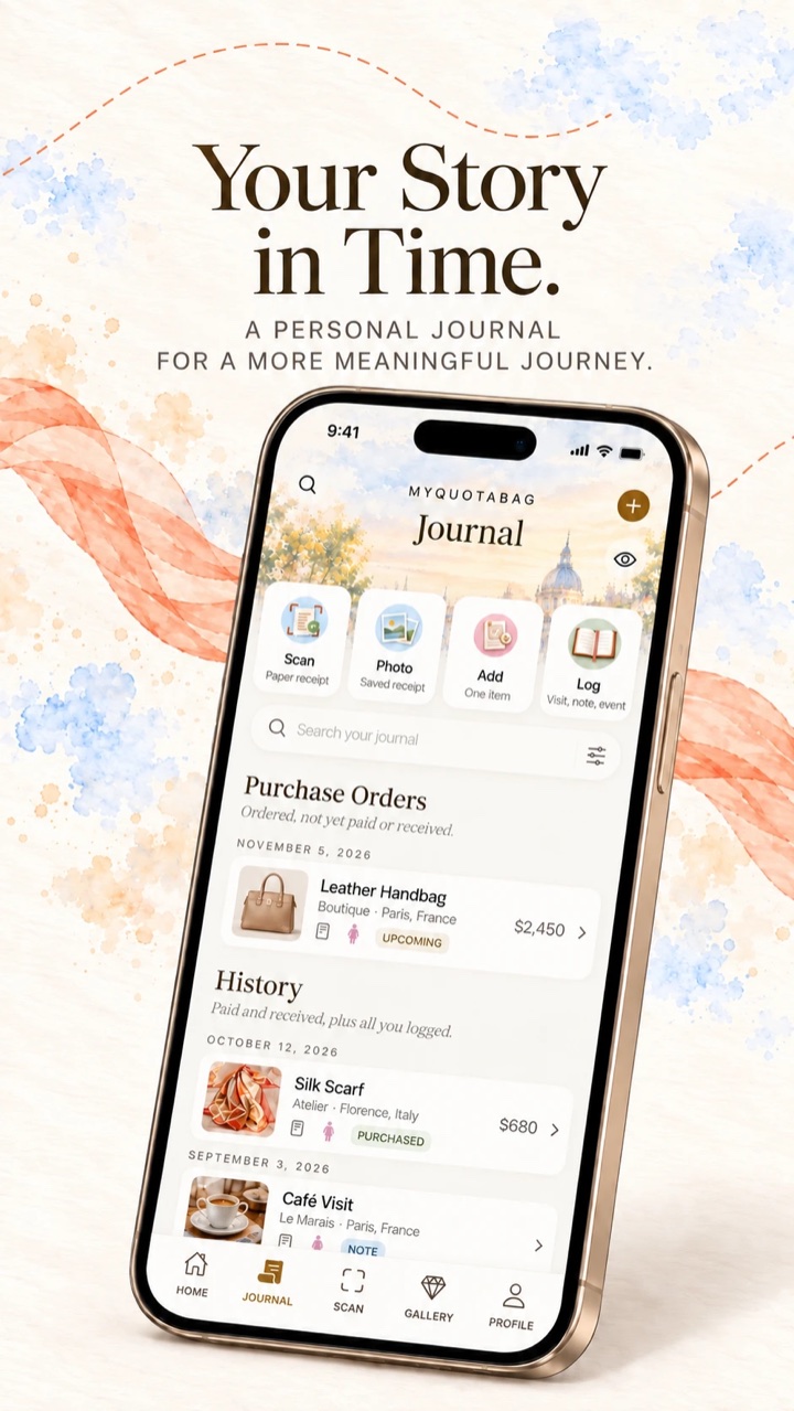 MyQuotaBag Journal showing purchase orders and recorded history.