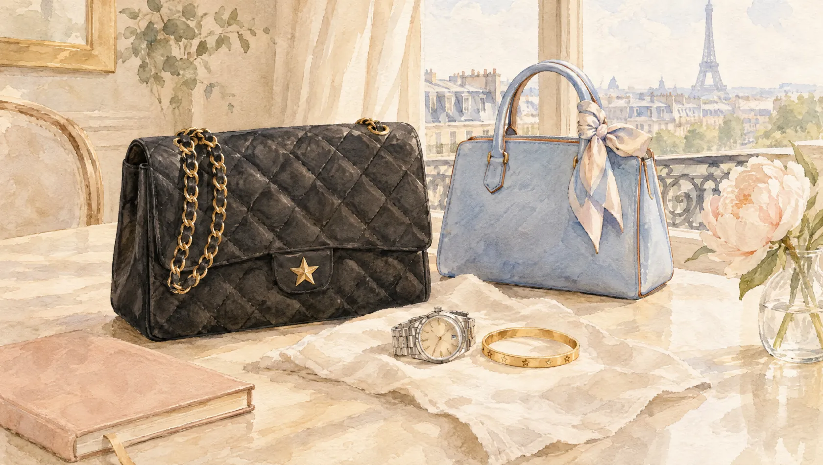 Watercolor of a personal collection on a Paris apartment table: a black quilted flap bag with a gold chain, a powder-blue handbag with a silk ribbon, a steel watch and a gold bangle on linen, the Eiffel Tower through the window.