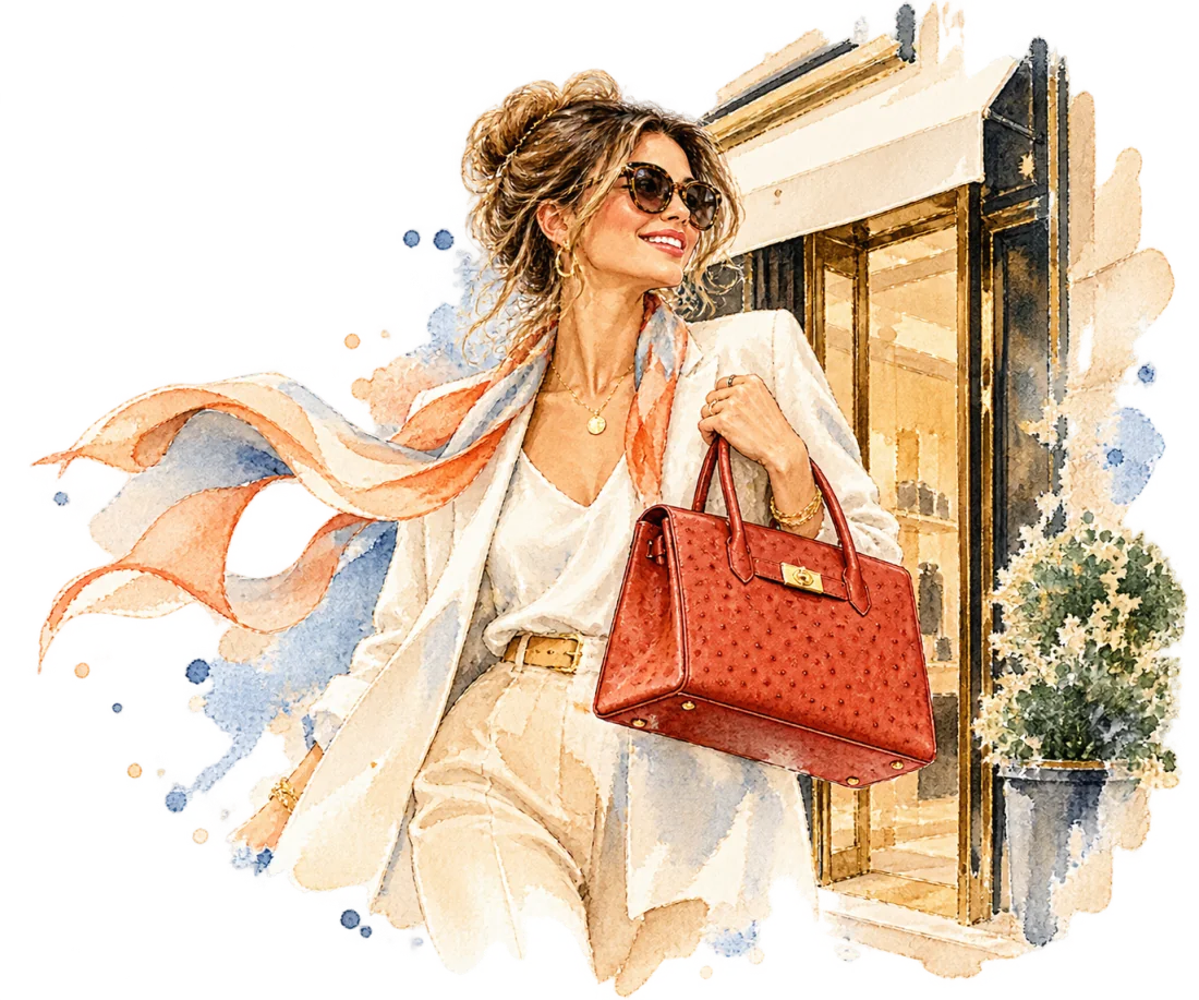Watercolor of a smiling woman stepping out of a boutique with her new red bag