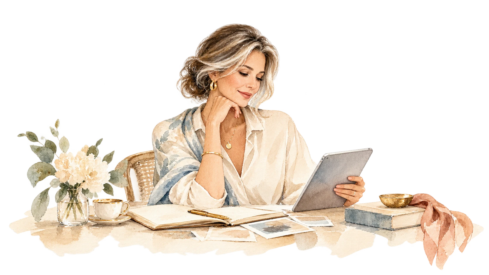 Watercolor of a woman smiling at her tablet, a notebook, photos and a coffee on the table