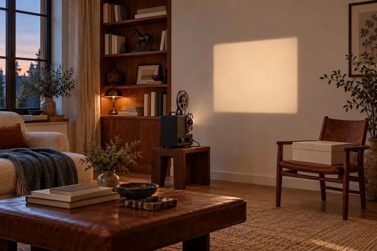 AI-generated contextual illustration: an anonymous film projector casts a blank rectangle on an ivory wall beside a closed conservation box in a warm reading room.