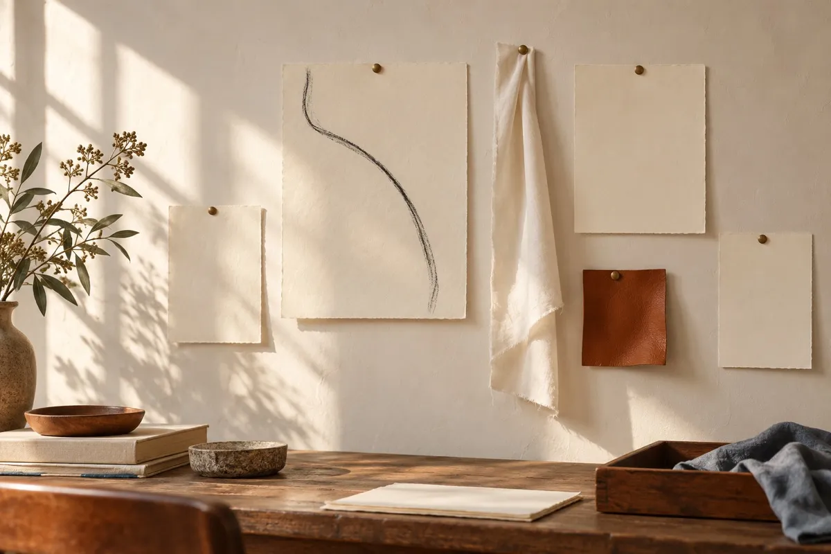 AI-generated contextual illustration: blank cream sheets, one loose charcoal curve, an ivory fabric strip and a cognac leather swatch are pinned separately above a wooden studio table.