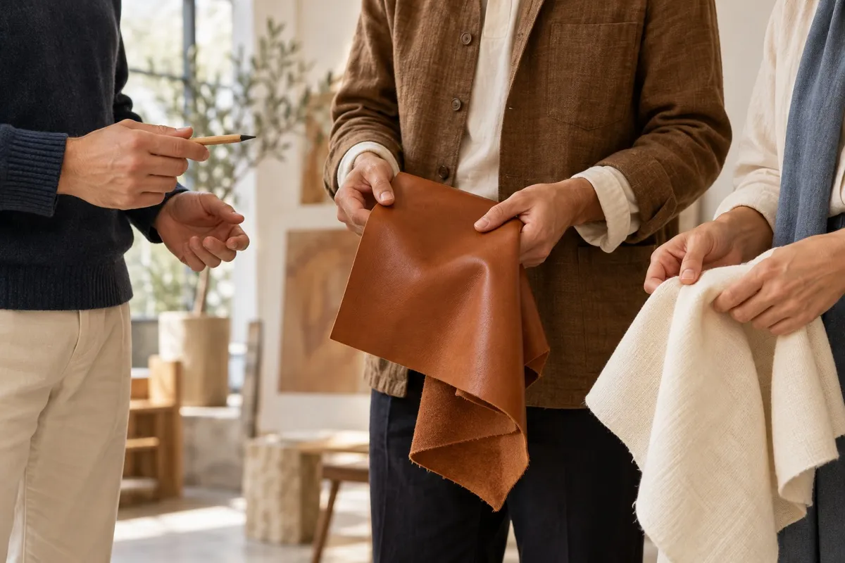 AI-generated contextual illustration: the cropped hands of three unidentified adults hold a wooden pencil, cognac leather and plain ivory cloth in a sunlit studio.