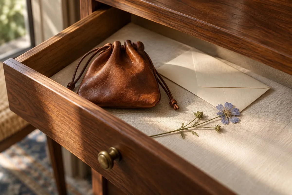 AI-generated contextual illustration: a worn cognac leather drawstring pouch, a blank cream envelope and a pressed flower rest in a linen-lined walnut drawer.