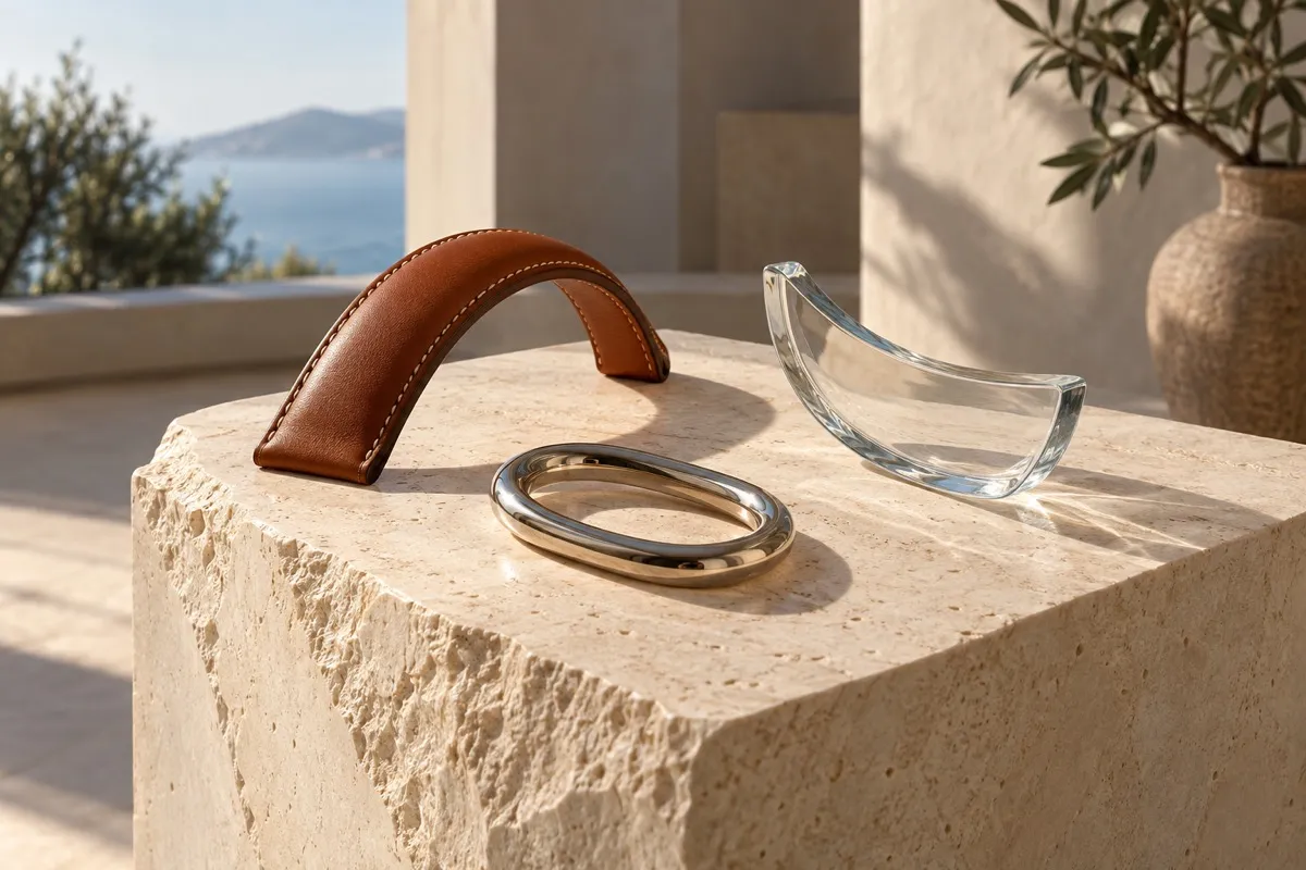 AI-generated contextual illustration: a curved cognac leather handle, a silver-colored oval loop and a polished glass curve cast separate shadows on a pale limestone plinth.