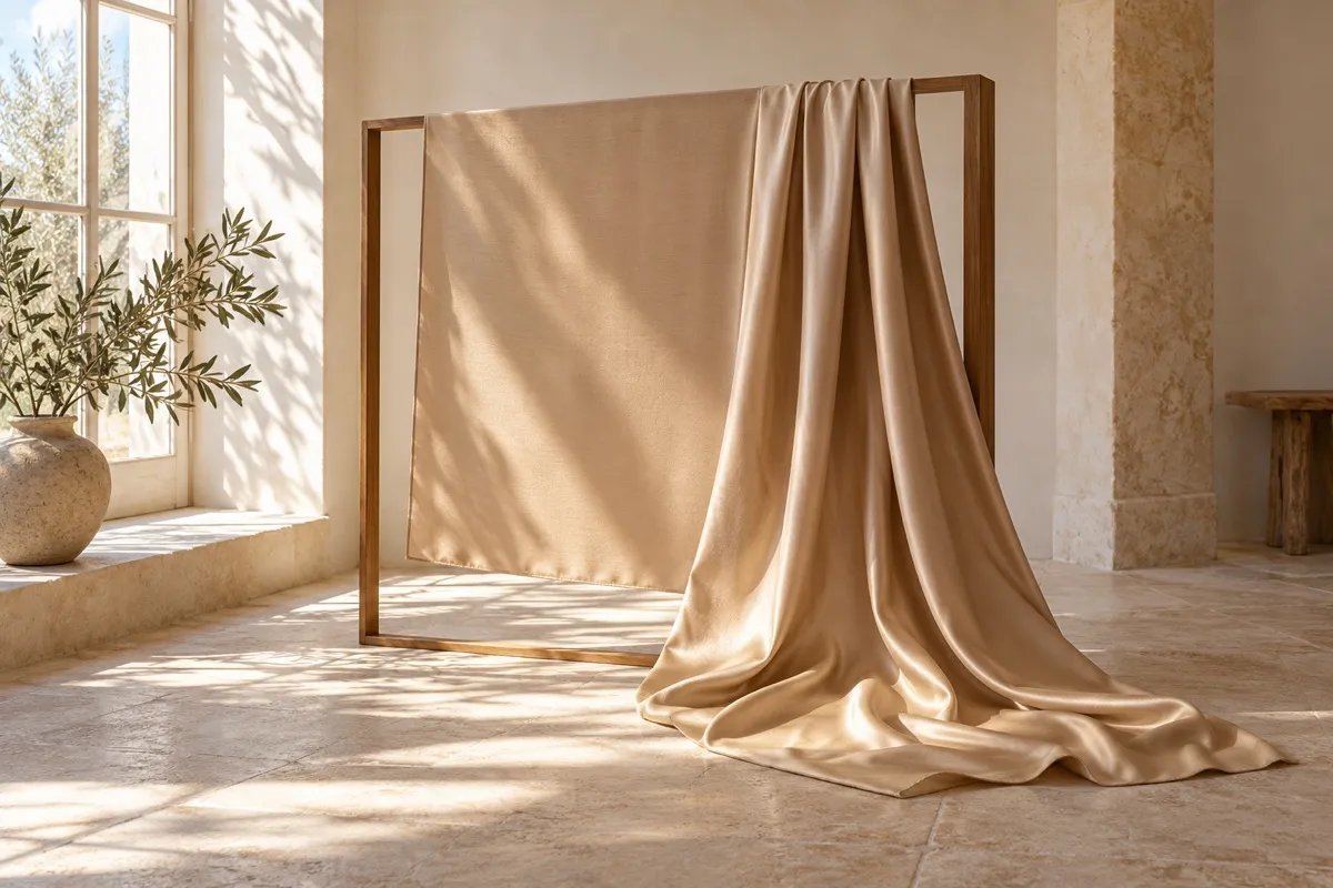 AI-generated contextual illustration: plain sand-colored cloth hangs over a thin wooden frame, with a broad flat section and soft lustrous folds pooling on a pale floor.