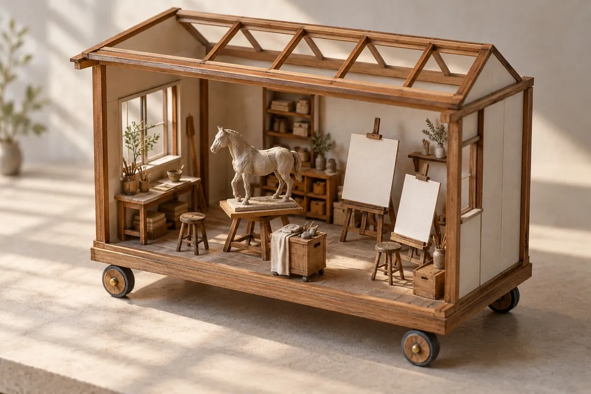 AI-generated contextual illustration: an open-front timber-and-ivory studio model on small wheels contains a clay horse sculpture and two blank drawing boards.
