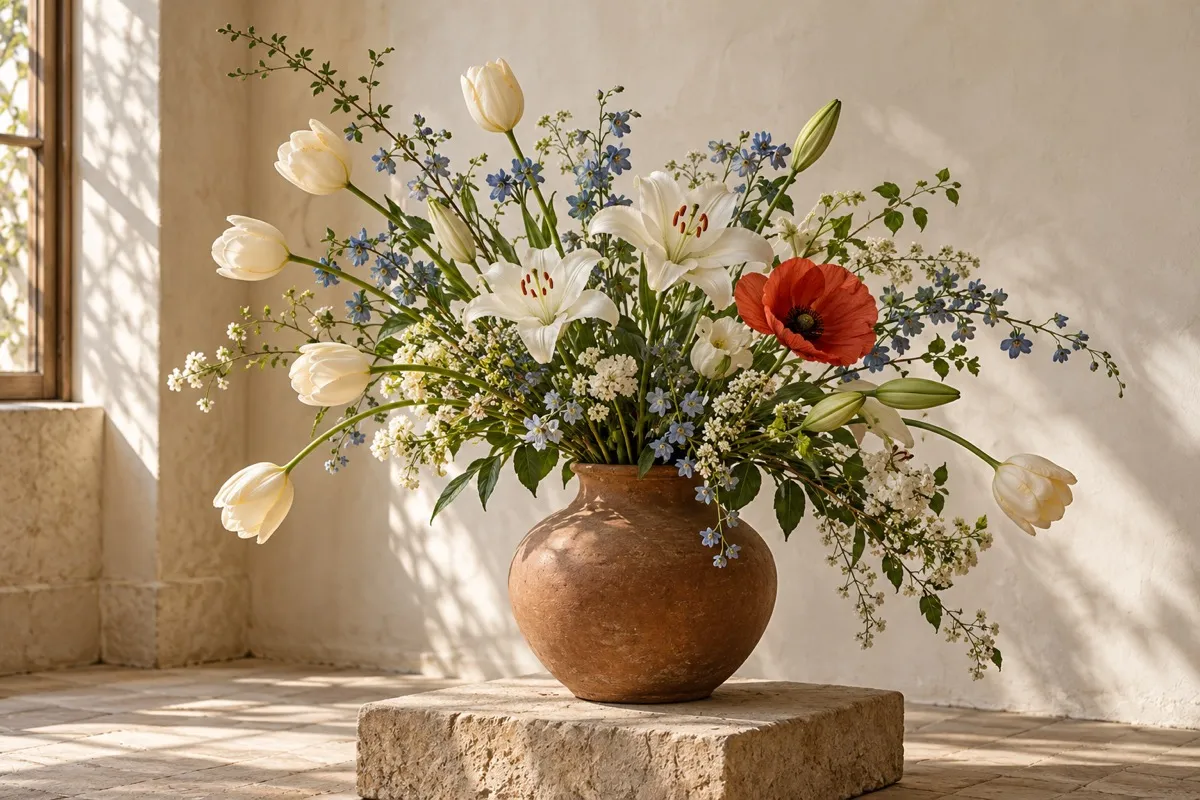 AI-generated contextual illustration: cream tulips, white lilies, small blue flowers and one red poppy spread outward from a brown earthenware vase on a stone pedestal.