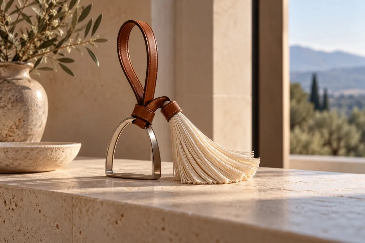 AI-generated contextual illustration: a brown leather loop and plain metal stirrup support a splayed ivory tassel on a pale stone ledge.
