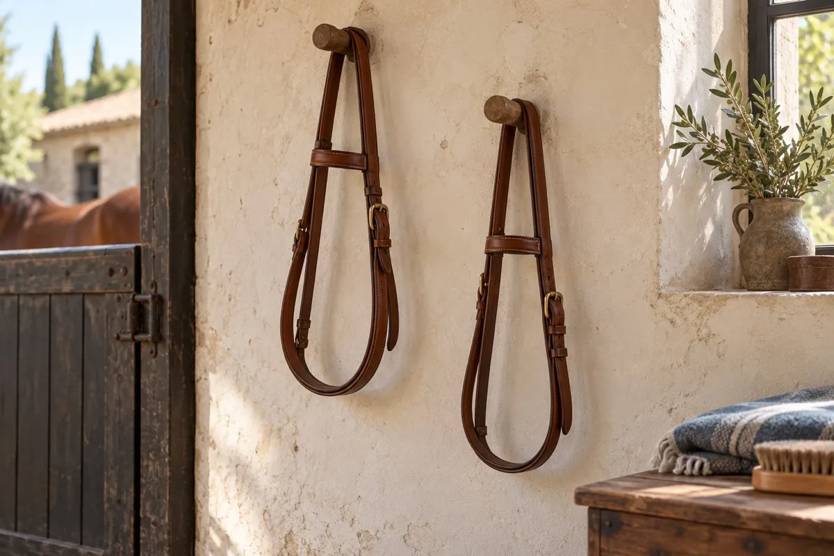AI-generated contextual illustration: two plain leather bridle loops hang at different heights from wooden pegs on an ivory stable wall.