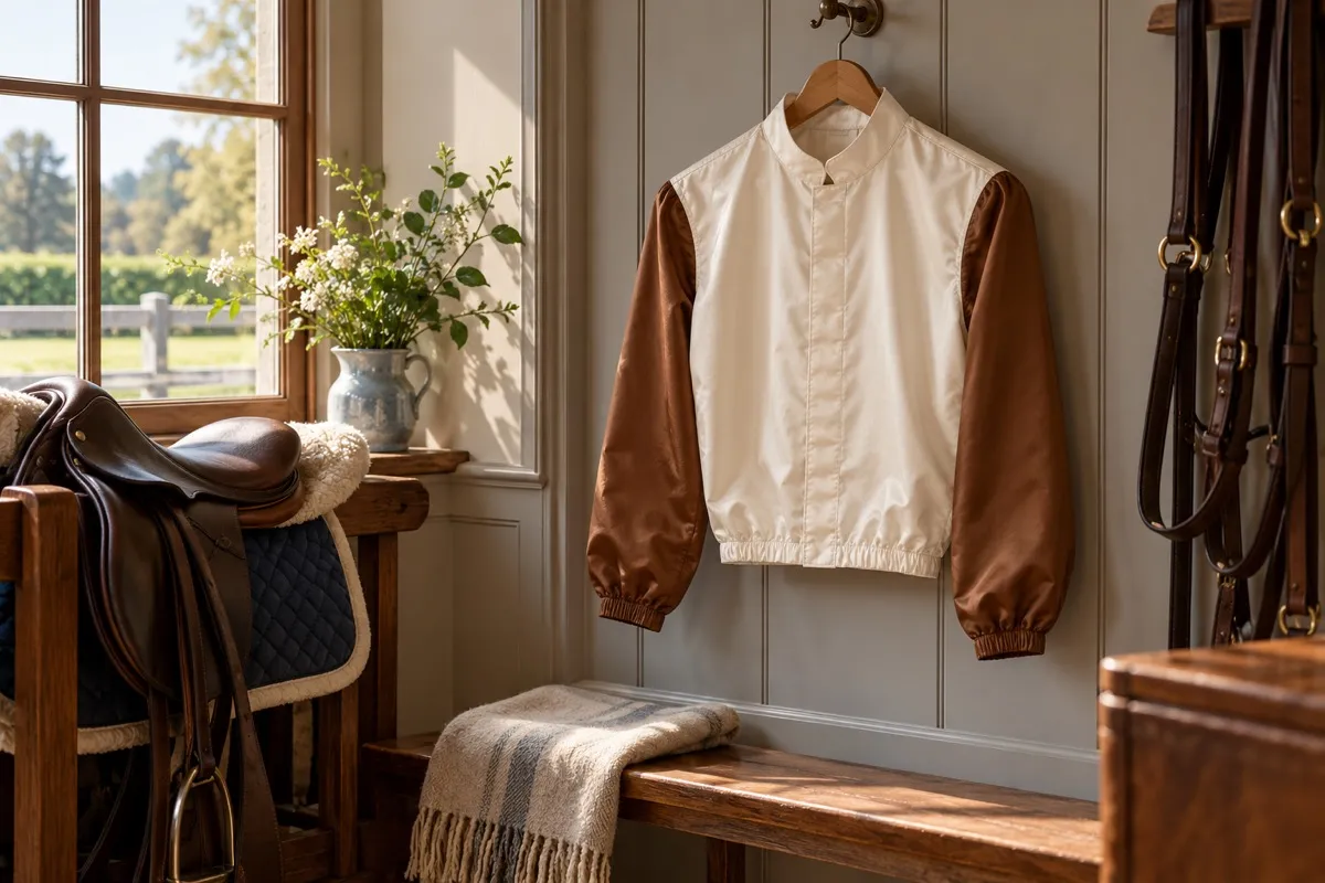 AI-generated contextual illustration: an unmarked jockey-style jersey with an ivory torso and brown sleeves hangs in an empty equestrian changing room.