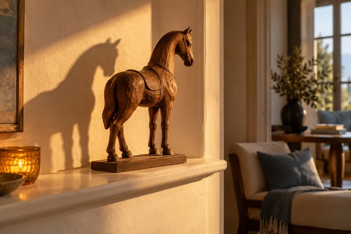 AI-generated contextual illustration: a carved wooden horse casts a long shadow on pale plaster beside a partly visible amber glass light.