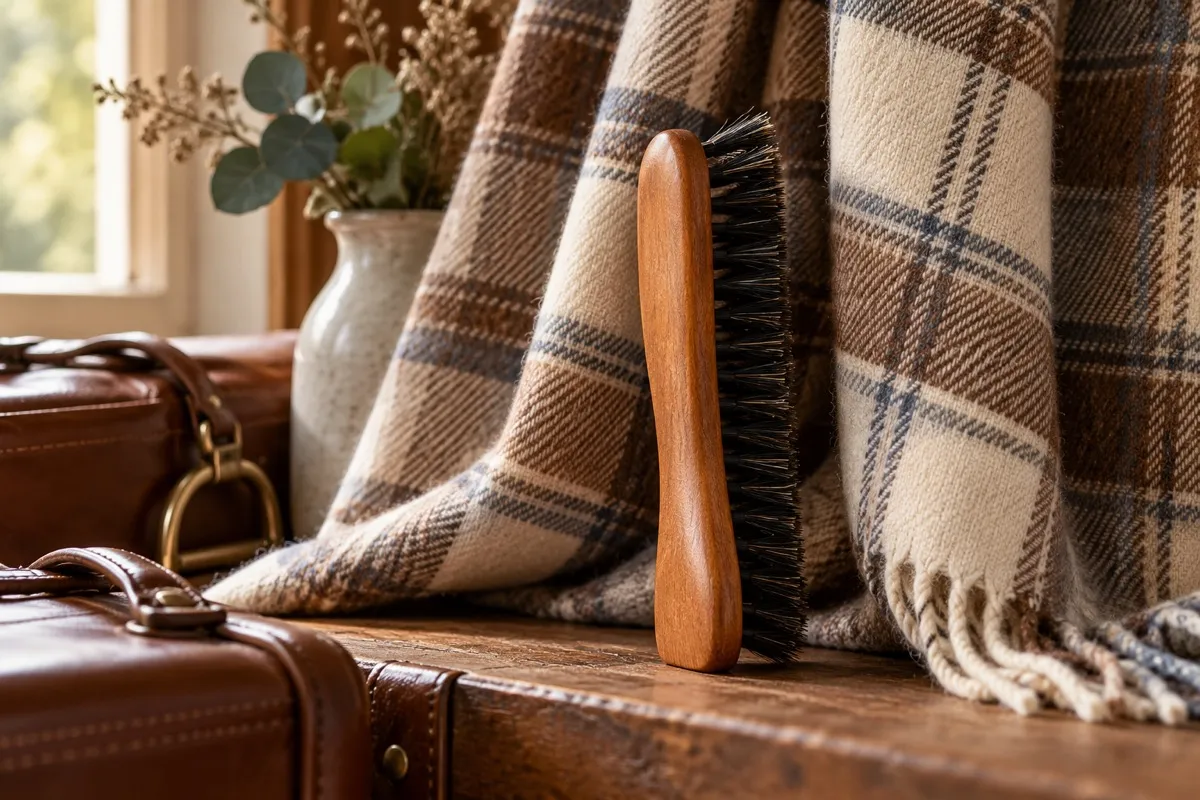 AI-generated contextual illustration: a narrow wooden brush stands on end against a loosely draped brown-and-ivory tartan textile.