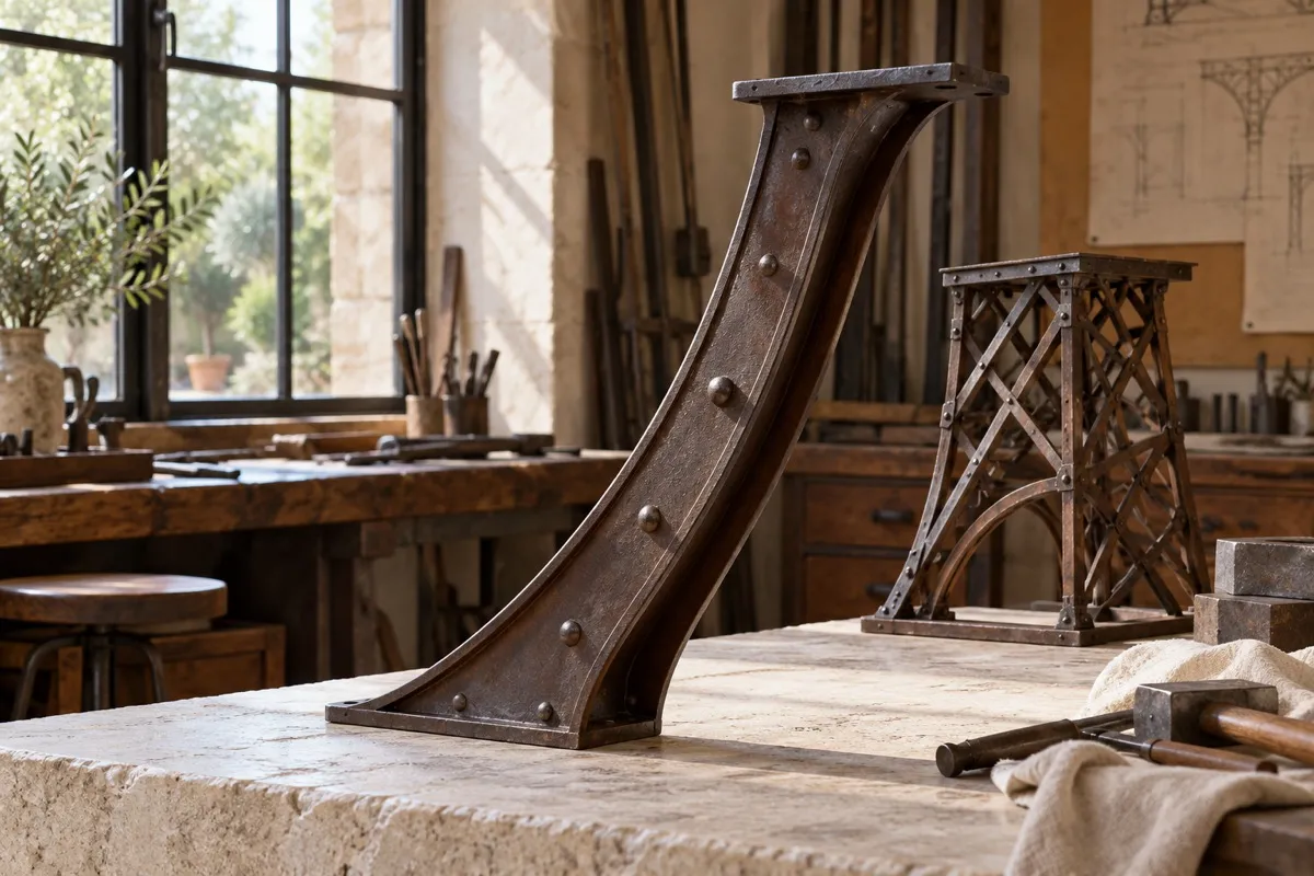 AI-generated contextual illustration: a curved riveted iron component stands on pale stone before a separate lattice trestle in a daylight workshop.