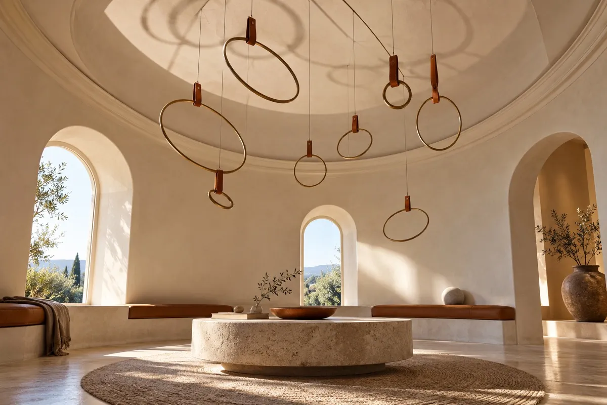 AI-generated contextual illustration: plain metal rings held by short brown leather loops and thin wires hang beneath an ivory dome, casting soft shadows.
