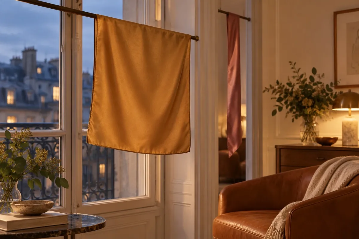 AI-generated contextual illustration: a plain ochre silk panel and narrow dusty-rose ribbon hang at different depths beside a city window at dusk.