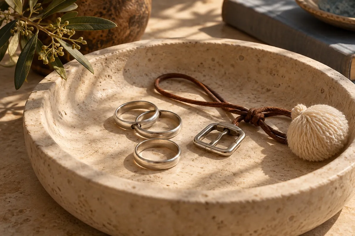 AI-generated contextual illustration: three silver-colored rings, a plain buckle, brown cord and ivory pompon rest in a shallow limestone basin.