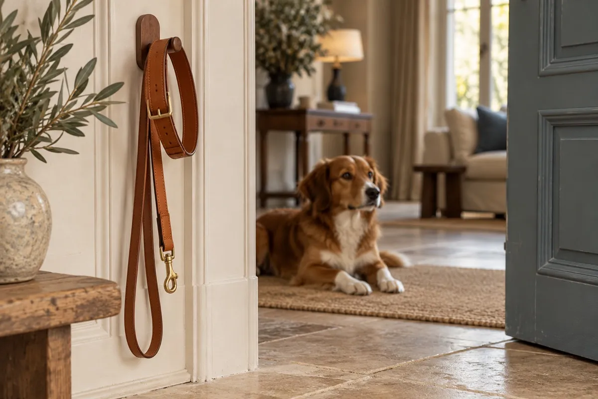 AI-generated contextual illustration: a plain cognac leather collar and leash hang by a doorway while a calm brown-and-white dog waits in soft focus.
