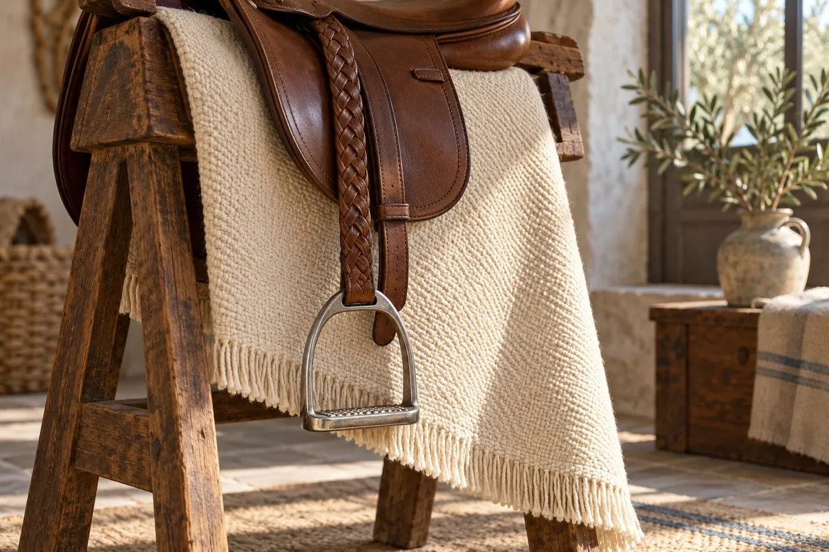 AI-generated contextual illustration: a braided brown leather strap holds a plain silver-colored stirrup over ivory woven cloth on a wooden saddle stand.