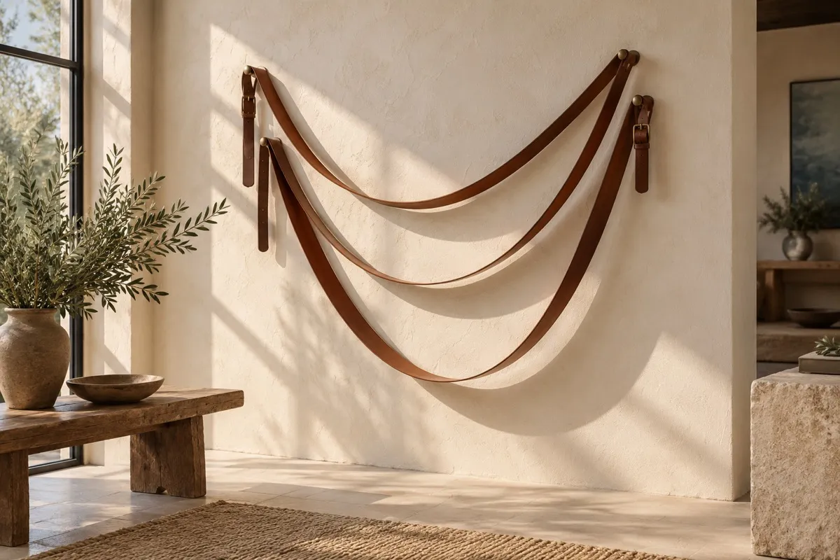 AI-generated contextual illustration: three brown leather straps hang in broad curves on ivory plaster, each casting a soft curved shadow.