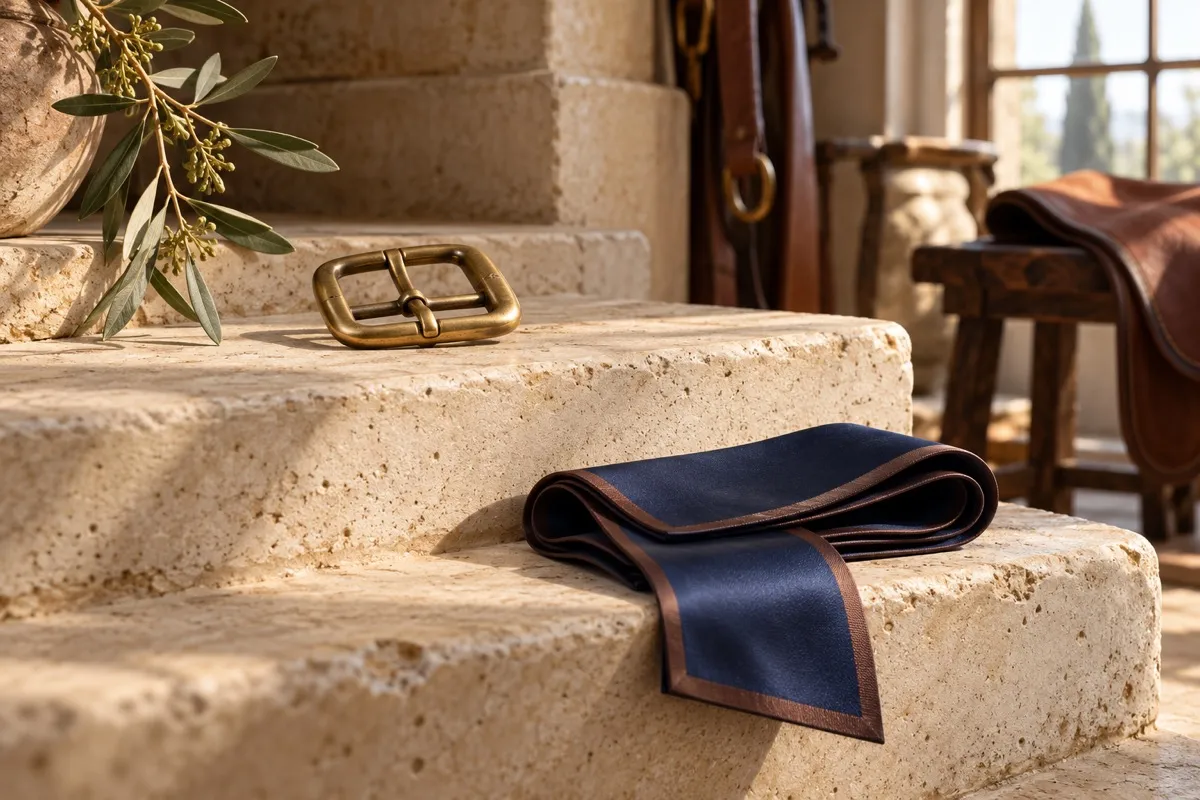AI-generated contextual illustration: a plain brass buckle rests on an upper ivory stone step, apart from folded dark-blue silk with brown edging on the step below.