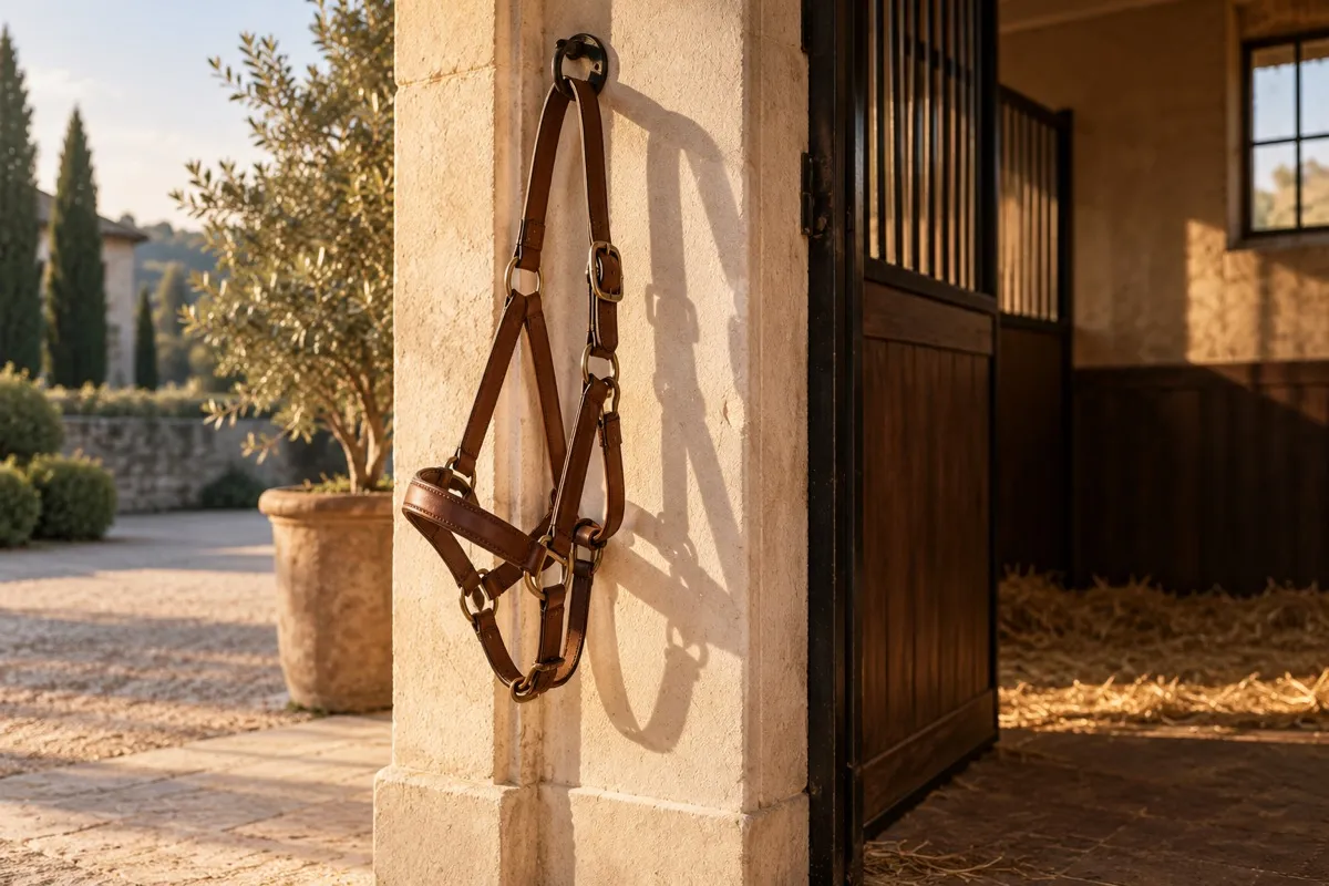 AI-generated contextual illustration: a plain brown leather halter hangs beside an open stable doorway and casts a long shadow across warm ivory stone.