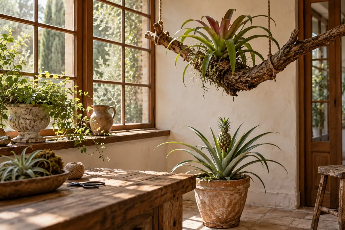AI-generated contextual illustration: a bromeliad grows on a suspended branch above a pineapple plant rooted in a terra-cotta pot in a warm windowed plant room.
