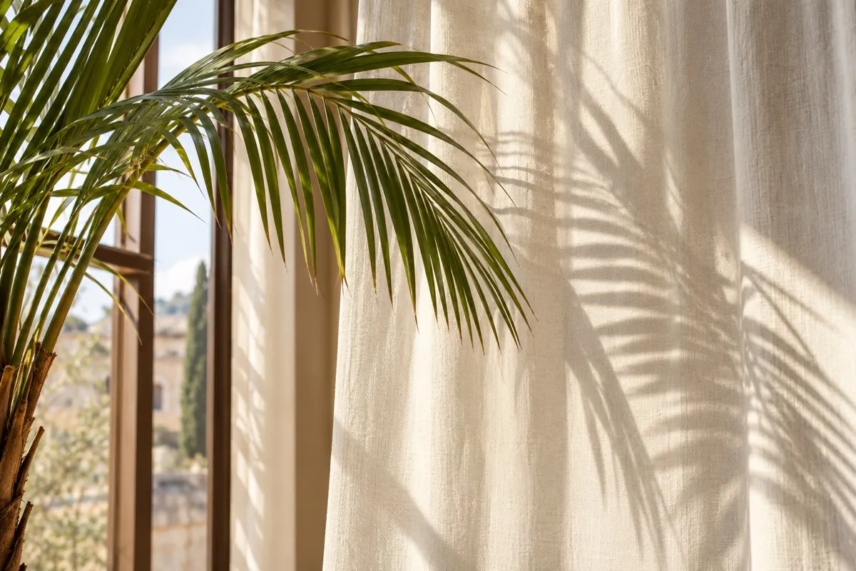 AI-generated contextual illustration: a green palm frond beside a tall window casts fine leaf-shaped shadows onto a plain hanging ivory textile.