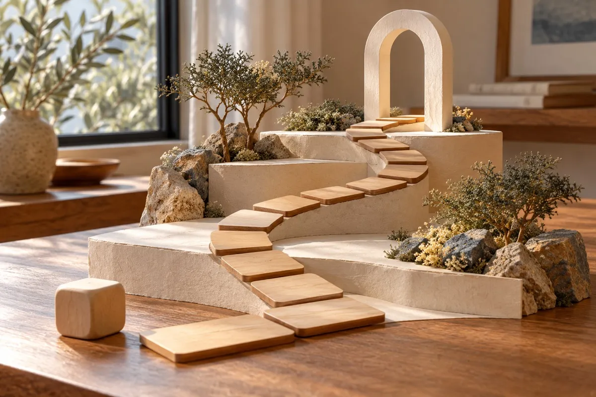 AI-generated contextual illustration: blank wooden game tiles wind upward over an ivory miniature landscape toward an open arch, with a blank wooden die beside the start.