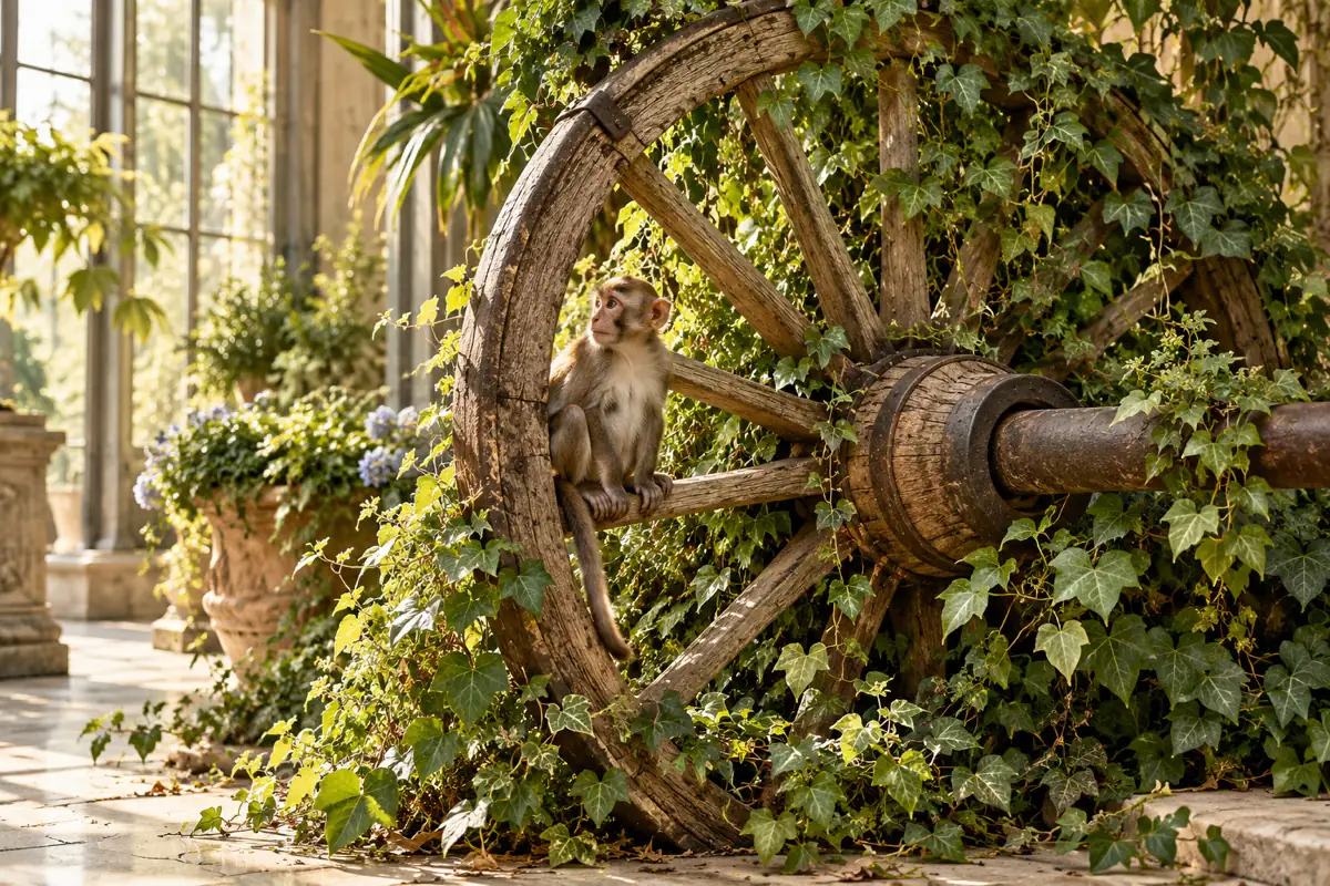AI-generated contextual illustration: a small monkey sits on the spoke of a weathered wooden carriage wheel entwined with green vines in a fictional conservatory.
