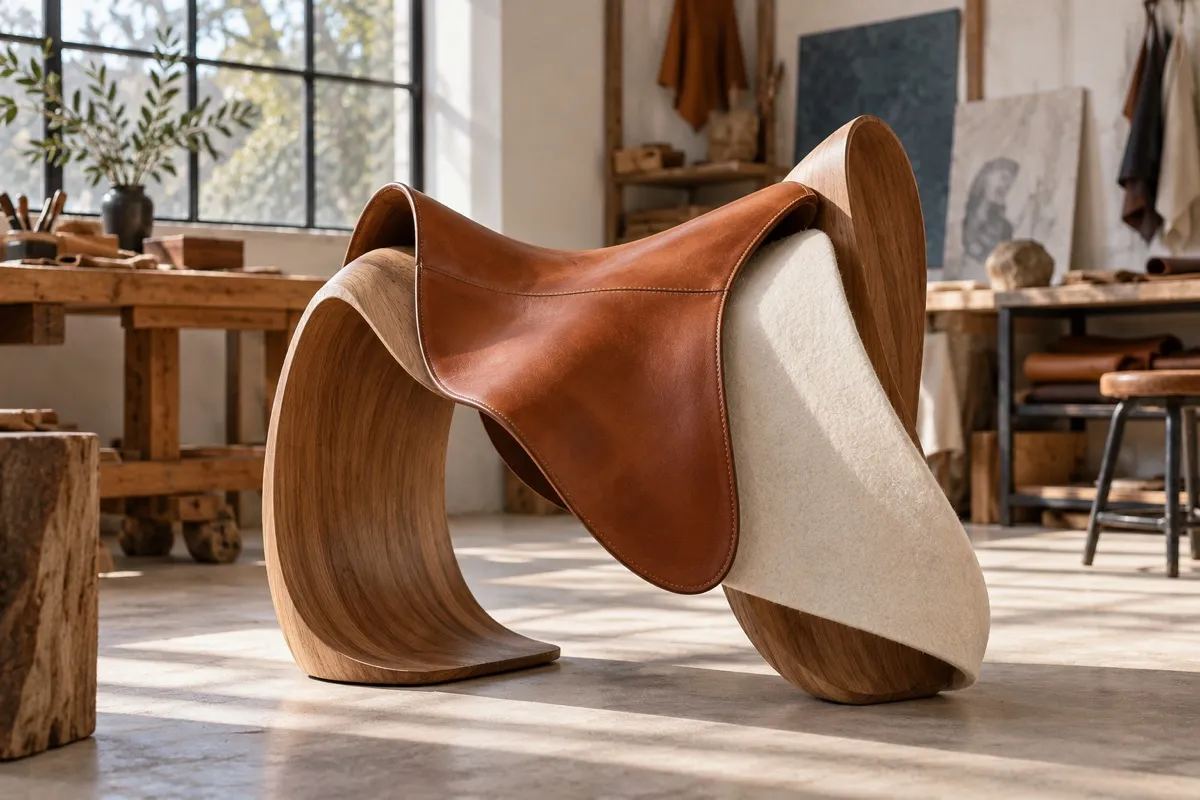 AI-generated contextual illustration: an original saddle-like sculpture combines curved wood, a draped cognac leather sheet and an ivory felt plane in a fictional workshop.