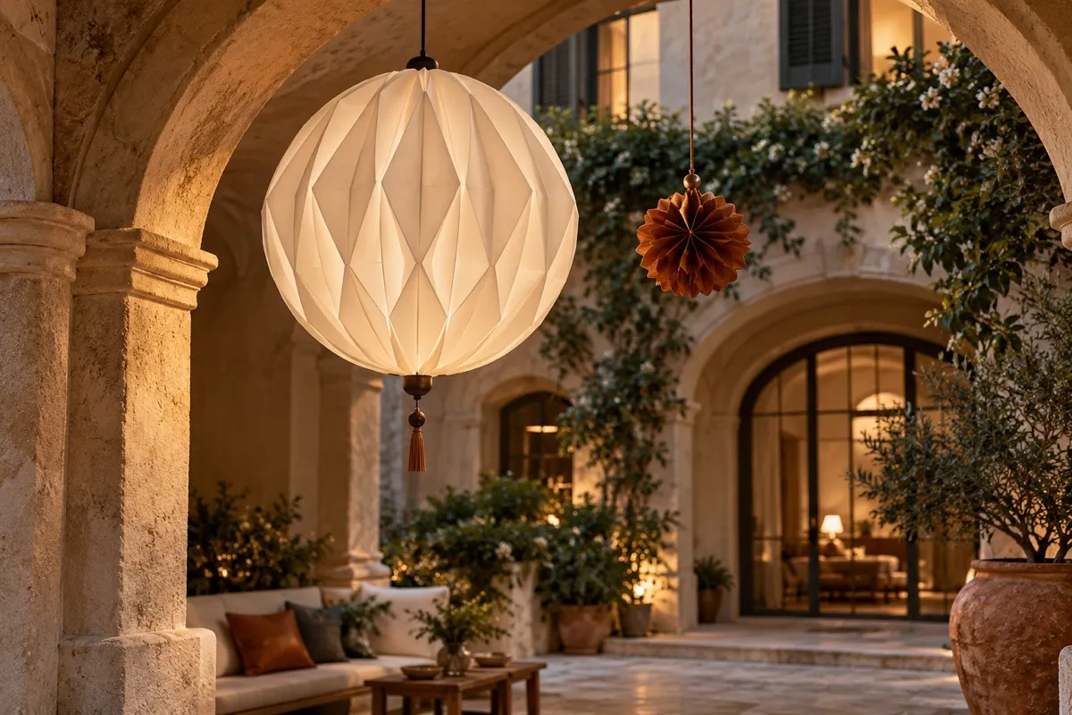 AI-generated contextual illustration: a large faceted ivory lantern hangs beside a smaller cognac rosette beneath an arch in a fictional courtyard at dusk.