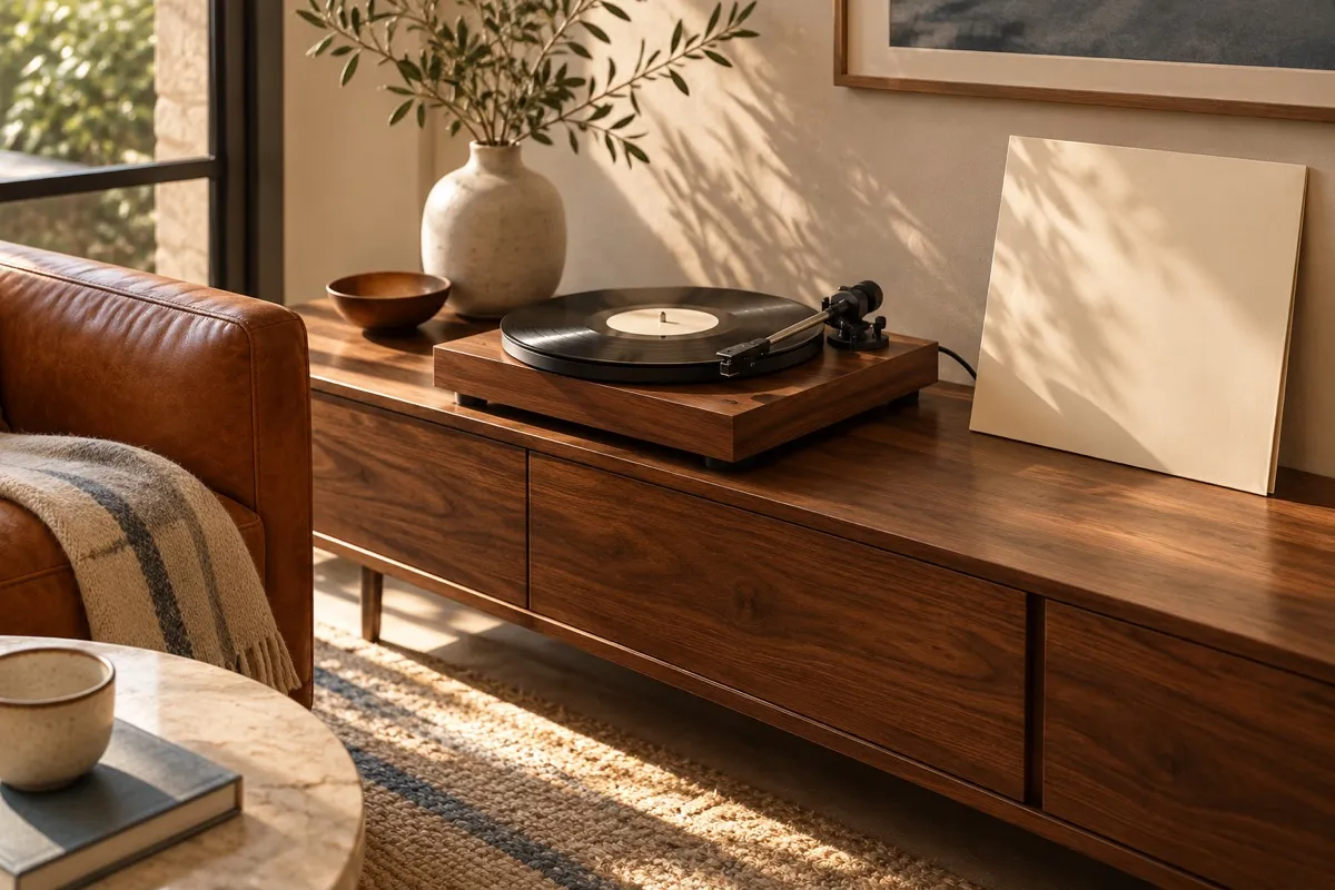 AI-generated contextual illustration: an unbranded wooden turntable with a plain black record and blank ivory sleeve on a walnut console in warm daylight.