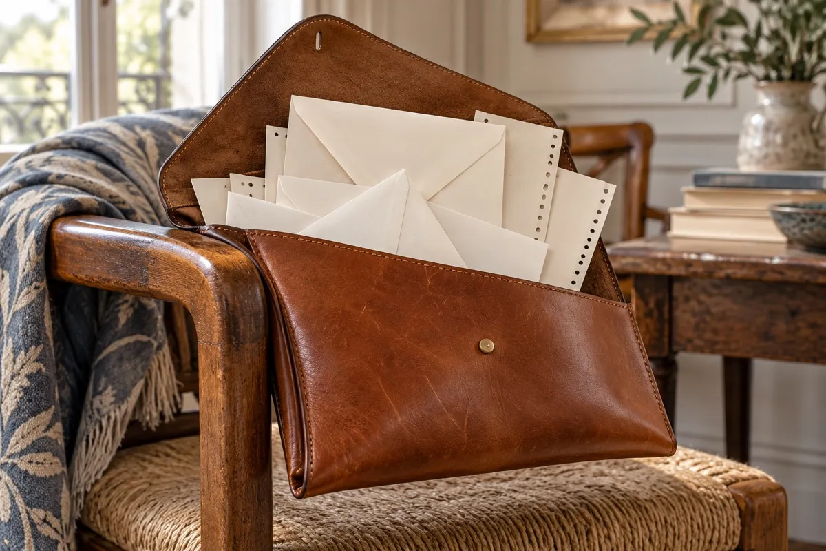 AI-generated contextual illustration: blank envelopes and perforated paper emerge from a generic open brown leather correspondence wallet draped over a wooden chair arm.