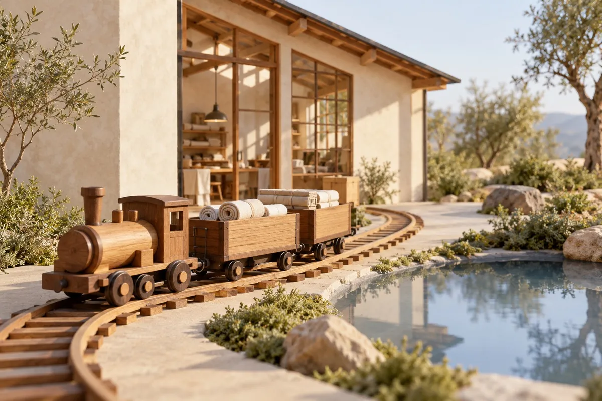 AI-generated contextual illustration: a wooden model train carrying plain fabric rolls curves past an imagined pale workshop and a reflective garden pond.