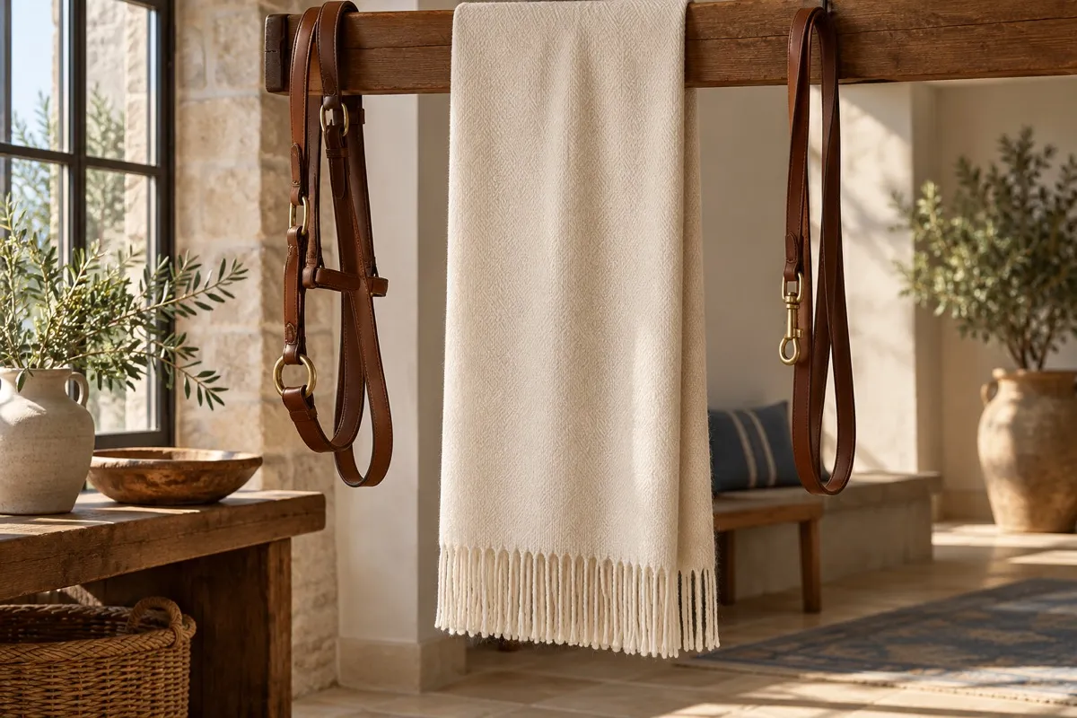 AI-generated contextual illustration: a plain ivory woven textile with a fringed lower edge hangs from a wooden beam between separate brown leather straps.