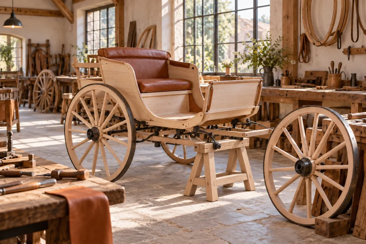 AI-generated contextual illustration: an unfinished generic wooden carriage with brown leather seating is supported by a trestle, with a separate spoked wheel nearby.