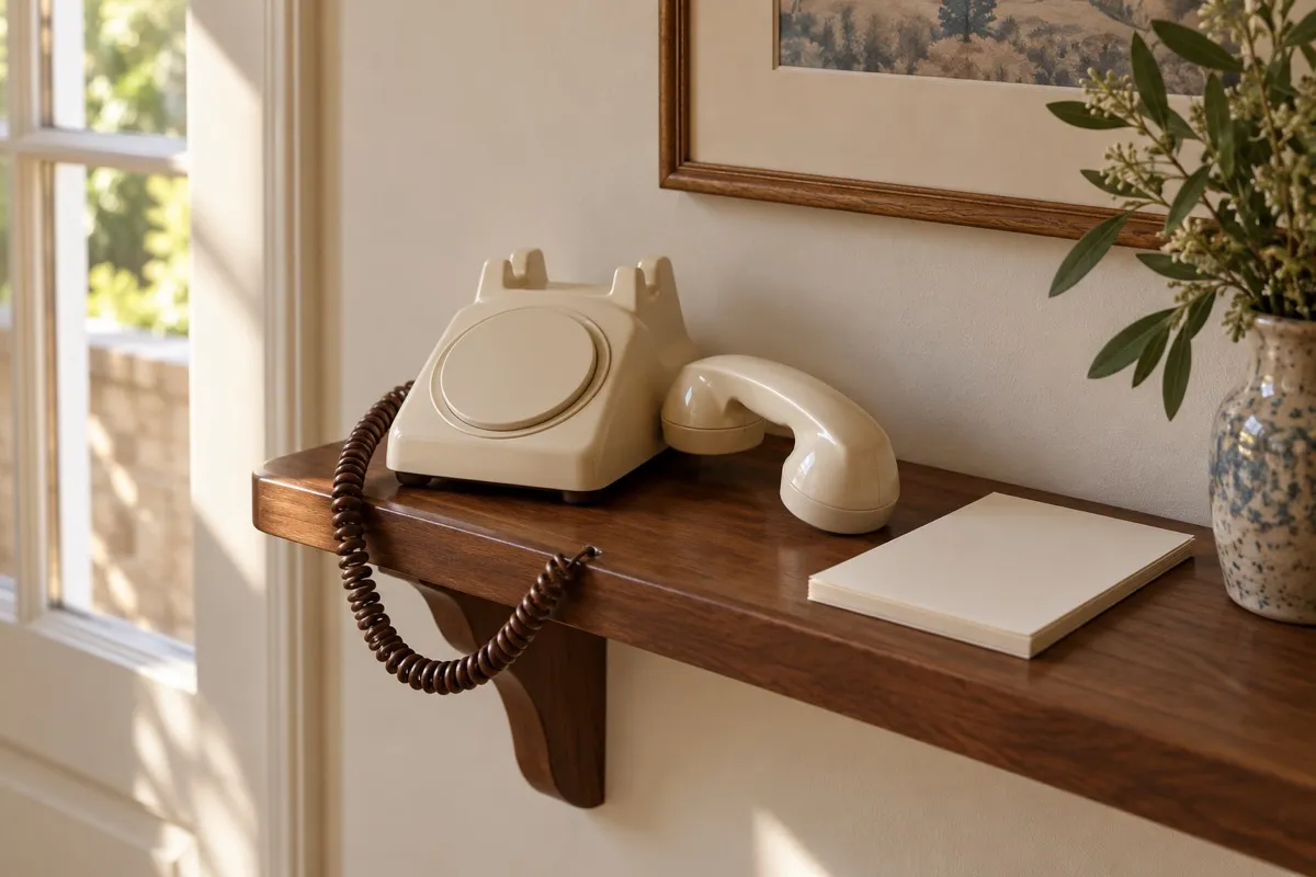 AI-generated contextual illustration: a generic cream telephone with a blank dial, its handset set aside, sits beside a blank paper pad on a walnut shelf.