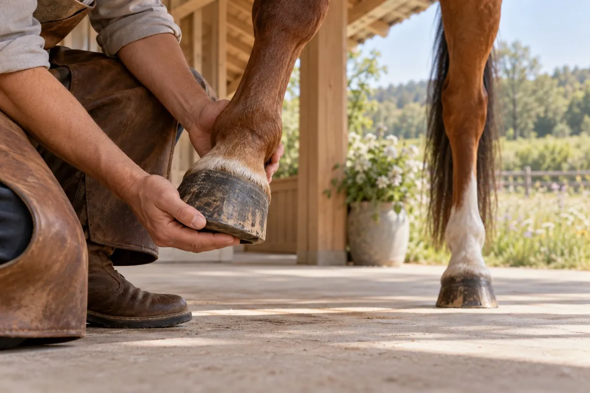 AI-generated contextual illustration: an anonymous person's hands cradle a horse's lifted hoof beside a pale timber shelter overlooking a flowering meadow.