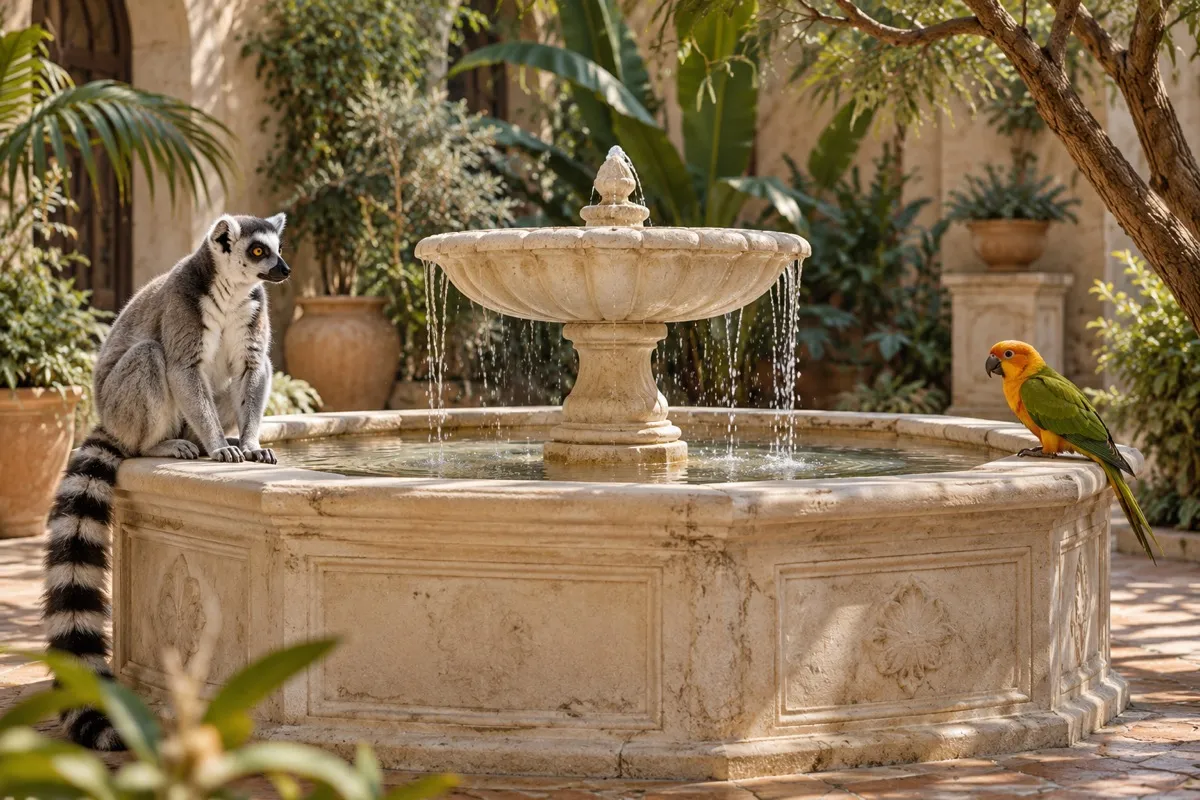 AI-generated fictional scene: a lemur and a small parrot sit far apart on the rim of an ivory stone fountain in an imagined garden.