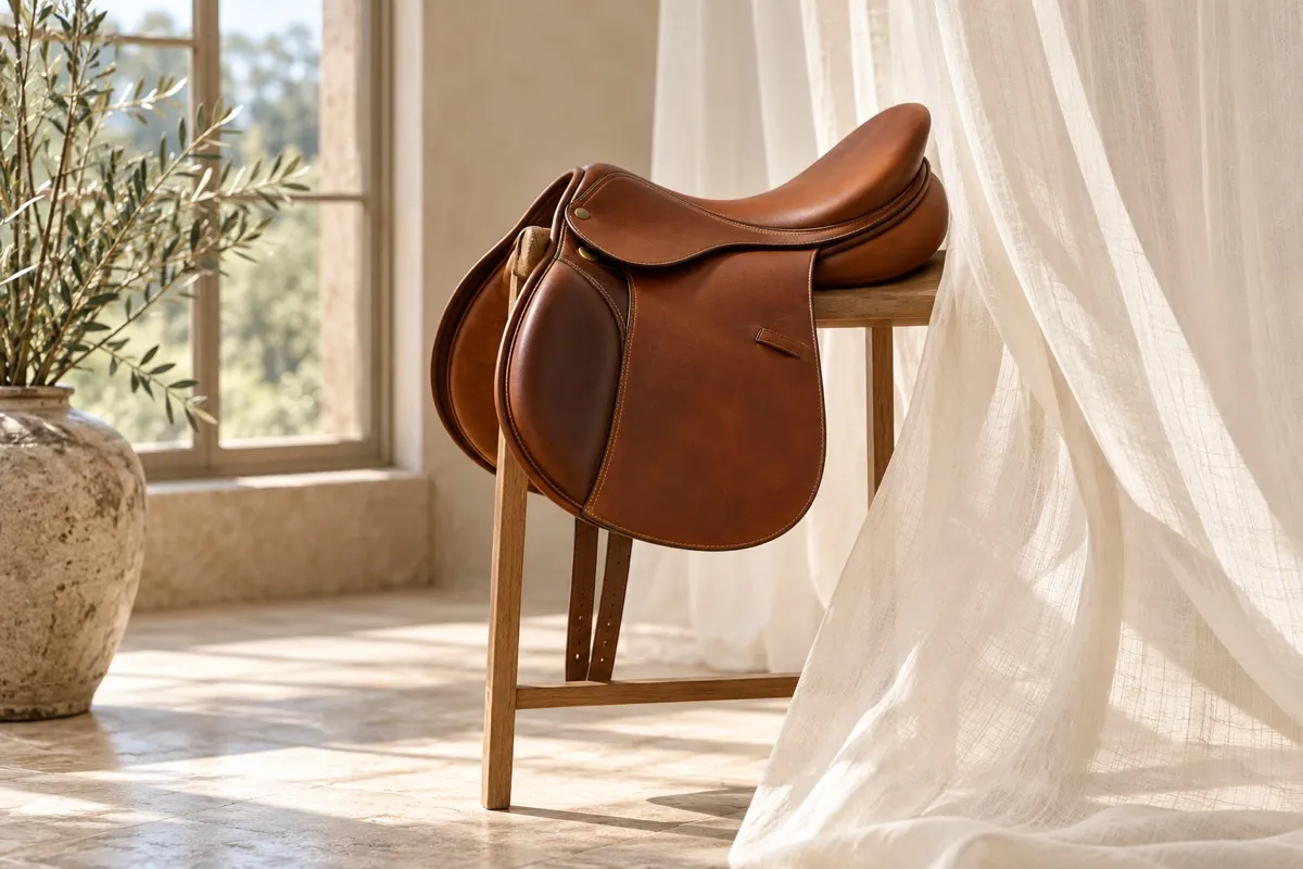 AI-generated contextual illustration: A brown leather saddle rests on a wooden stand, partly bordered by an ivory curtain, with a leafy plant beside the window.